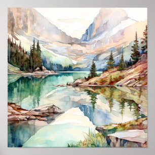 Impresión de pintura de acuarela de Mountain Lake