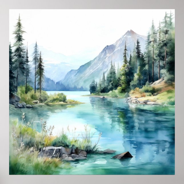 Impresión de pintura de acuarela de Mountain Lake (Frente)