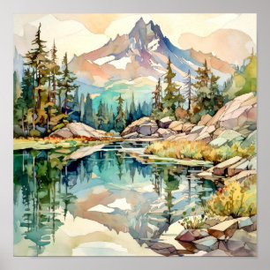 Impresión de pintura de acuarela de Mountain Lake