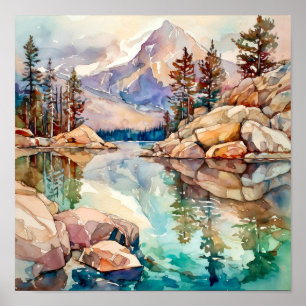 Impresión de pintura de acuarela de Mountain Lake