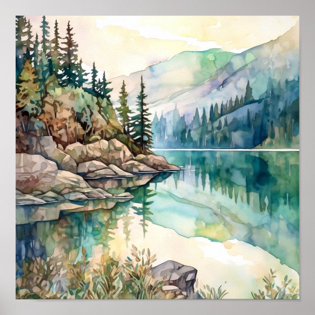 Impresión de pintura de acuarela de Mountain Lake (Frente)
