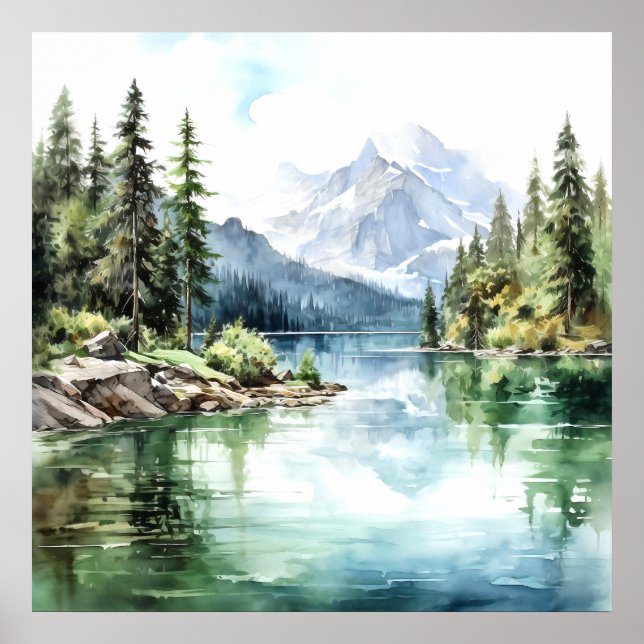 Impresión de pintura de acuarela de Mountain Lake (Frente)