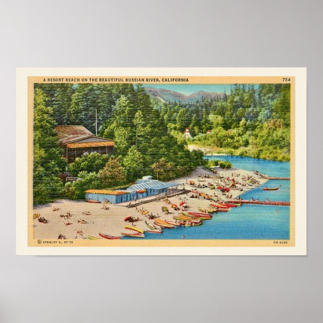 Impresión de postal antigua de la playa del río Ru (Frente)