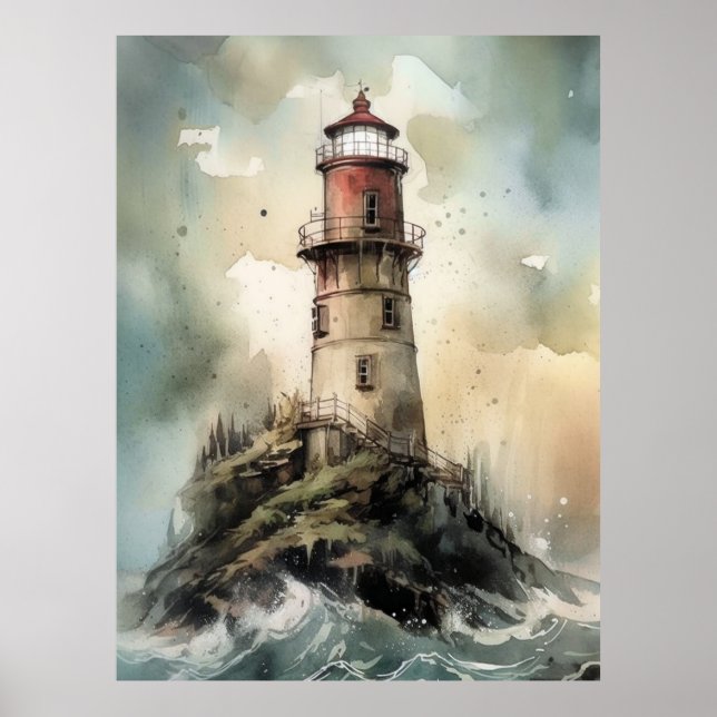 Impresión de Poster de faro de acuarela ilustrativ (Frente)