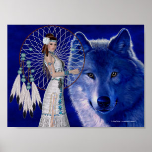 Impresión de Poster de Lobo Azul y mujer nativa no