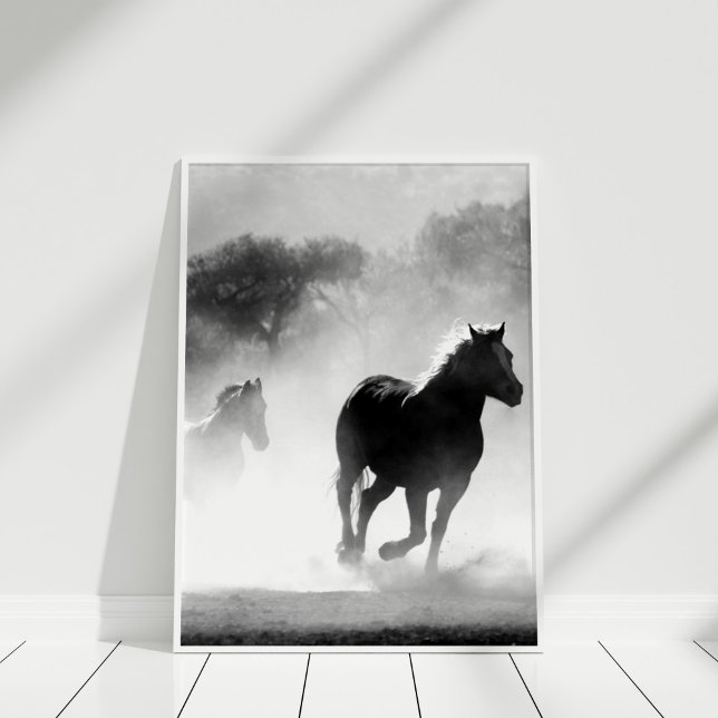Impresión de Posters de caballos blancos y negros (Black and White Horse Poster Print in a white frame.)