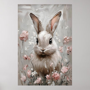 Impresión de retrato de conejo floral, arte de par