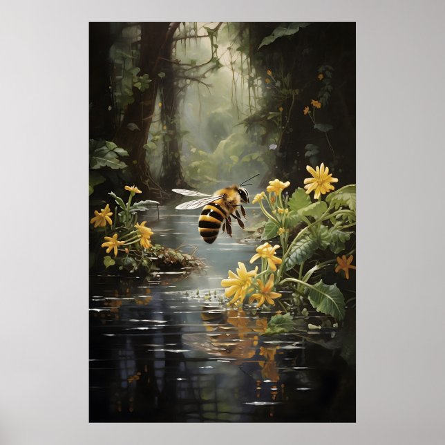 Impresión de río de flores con abeja, arte de pare (Frente)