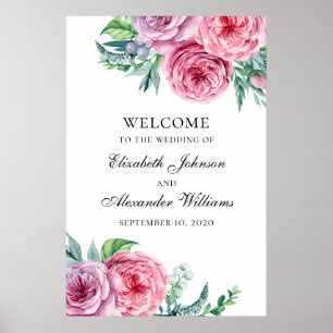 Impresión de señal de bienvenida boho. Flores rosa
