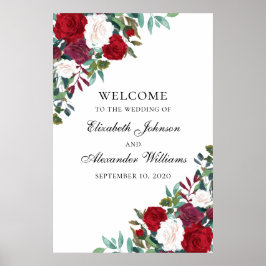 Impresión de señal de bienvenida con flores rojas.