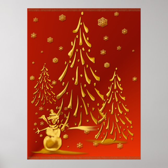 Impresión de Snowman de oro y árbol de Navidad (Frente)