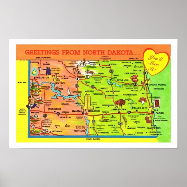Impresión de tarjetas postales de Dakota del Norte (Frente)