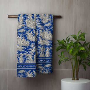 Impresión de tela azul oscuro vintage de jouy