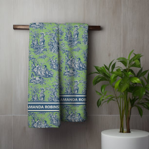 Impresión de tela verde azul vintage de jouy