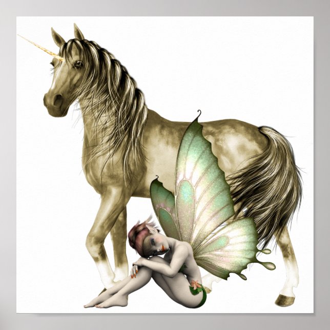 Impresión de unicornio dorado y hadas tristes (Frente)