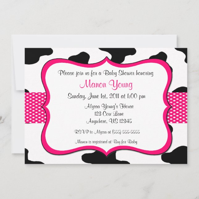 Impresión de vaca Baby Shower rosa o invitación po (Anverso)