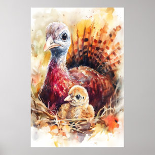 Impresión de vivero de acuarela de pavo mamá y beb