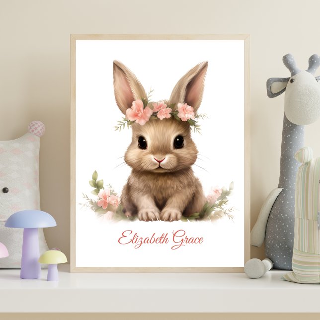 Impresión de vivero de flores rosadas de conejito  (Baby Bunny Pink Flowers Personalized Nursery Wall Art poster print)