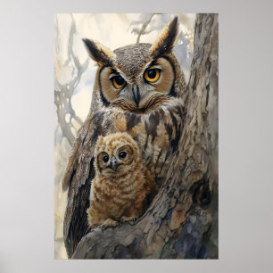 Impresión de vivero de mamá y bebé búho acuarela