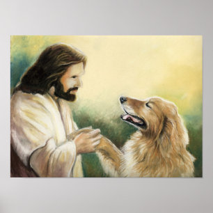 Impresión del arte de Jesús y del perro del golden