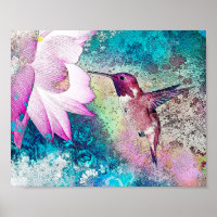 Impresión del arte del colibrí rosa y azul floral