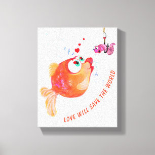 Impresión divertida de lienzo con peces y gusanos 