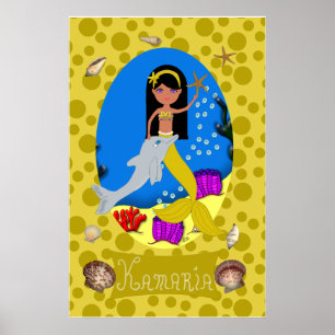 Impresión dorada de sirenas y delfines