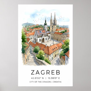 Impresión en acuarela de la ciudad de Zagreb, aguj