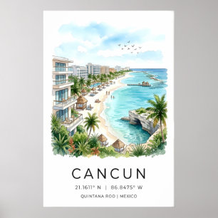 Impresión en acuarela de la playa de Cancun, palme