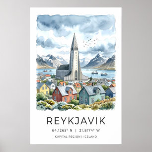 Impresión en acuarela de Reikiavik, Hallgrímskirkj