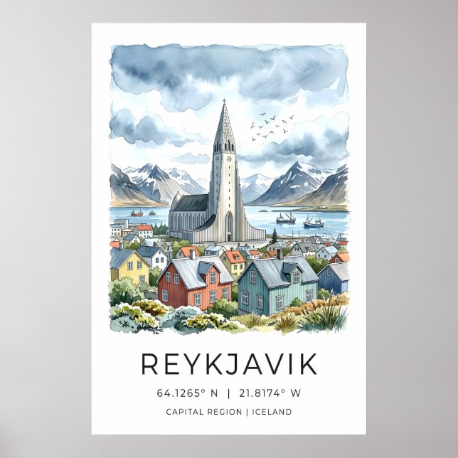 Impresión en acuarela de Reikiavik, Hallgrímskirkj (Frente)