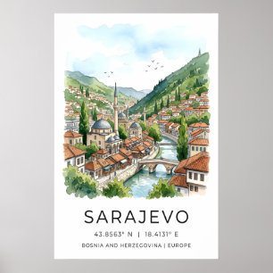 Impresión en acuarela de Sarajevo, paisaje urbano