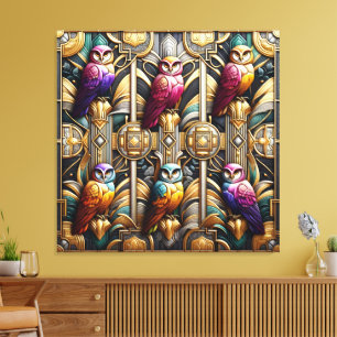 Impresión en lienzo de búhos arcoíris Art Déco
