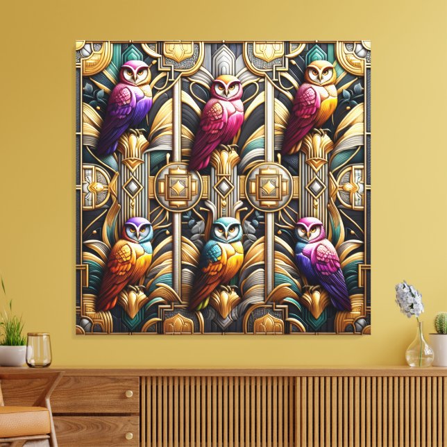 Impresión en lienzo de búhos arcoíris Art Déco (Insitu (Sala de estar))