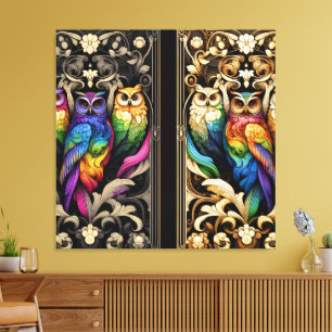 Impresión en lienzo de búhos arcoíris Art Déco
