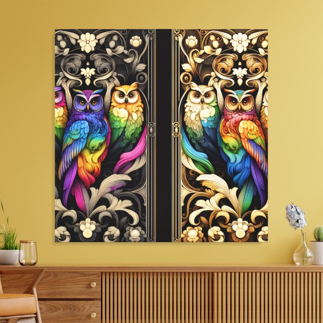 Impresión en lienzo de búhos arcoíris Art Déco (Insitu (Sala de estar))
