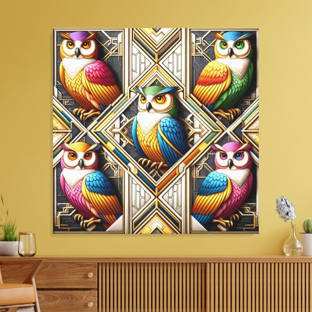 Impresión en lienzo de búhos arcoíris Art Déco (Insitu (Sala de estar))