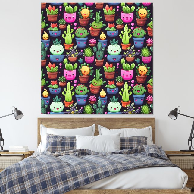 Impresión en lienzo de cactus Kawaii (Insitu(Dormitorio))