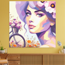 Impresión en lienzo de mujer en bicicleta floral v