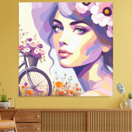Impresión en lienzo de mujer en bicicleta floral v