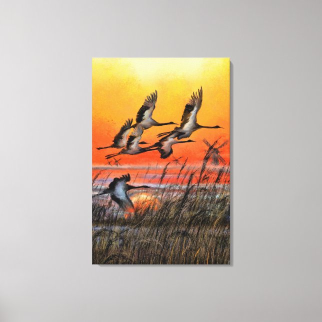 Impresión en lienzo de puesta de sol con pájaros v (Anverso)
