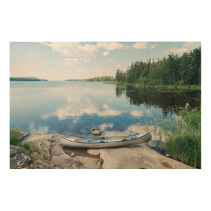 Impresión En Madera Agua   Canoa en el lago de Suecia
