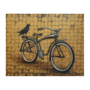 Impresión En Madera Bicicleta y gallo de vintage