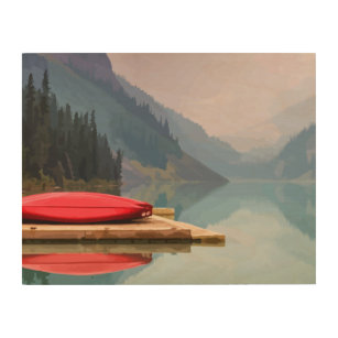 Impresión En Madera Canoa roja en el Lago de montaña