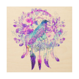 Impresión En Madera Crow Dreamcatcher Blue Purple Floral
