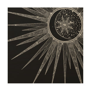Impresión En Madera Elegante luna de sol plateado Mandala Diseño negro