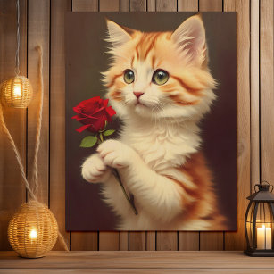Impresión En Madera Gato de jengibre lindo sosteniendo una rosa roja, 