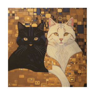 Impresión En Madera Gustav Klimt Inspiró Dos Gatos En La Cama