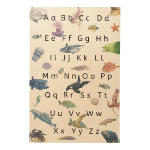 Impresión En Madera Kids Alphabet Poster Illustration, Aqua Life.
