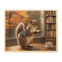 Libro de lectura de ardillas con taza de café al v